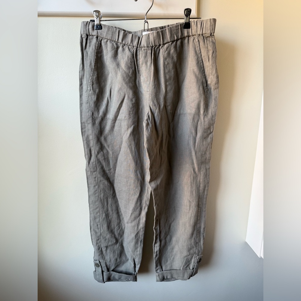 NWT J JILL Purejill Linen Pull On Pants Roll Tab Olive Green Lagenlook Coastal S